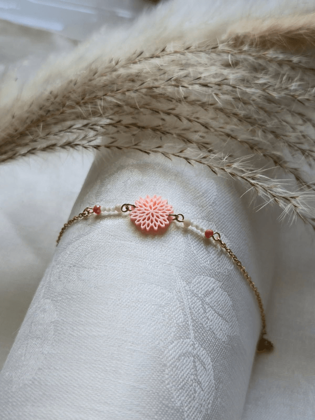  Bracelet Fleur d’Éclat - Rose silk & Chaine couleur Argent/Doré