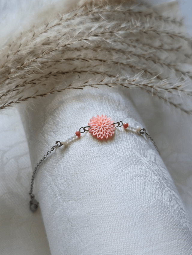  Bracelet Fleur d’Éclat - Rose silk & Chaine couleur Argent/Doré