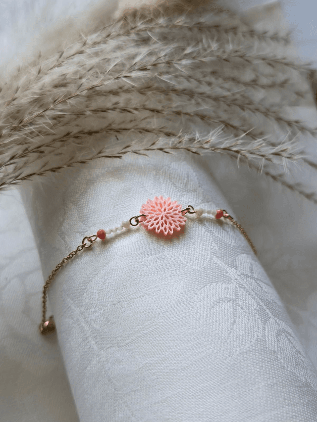  Bracelet Fleur d’Éclat - Rose silk &amp; Chaine couleur Argent/Doré